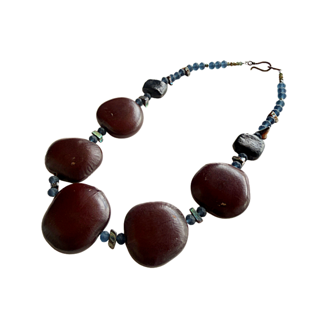 WILD THINGS | ‘Entada Necklace- Five Bean’ | Glass Beads + Paua Shell | Seeds + Recycled / found materials