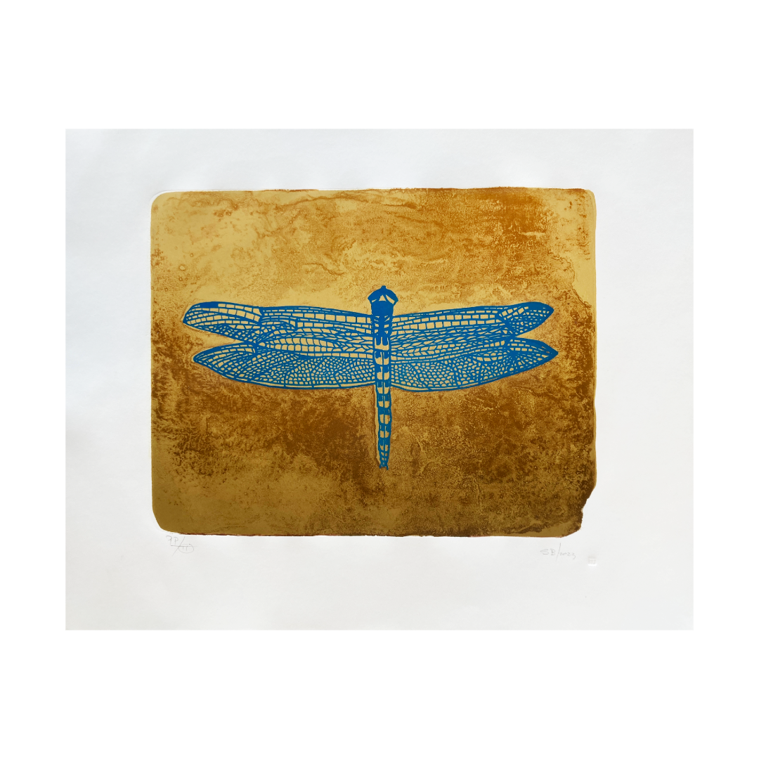 SHERYL J BURCHILL | 'Wurarr-Wurarr (dragonfly)' | Lithograph and screen print / blue on yellow ochre state