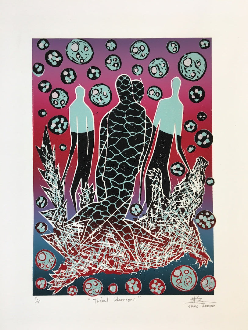 SILAS HOBSON | 'Tribal Warrior' Reduction Linocut Print