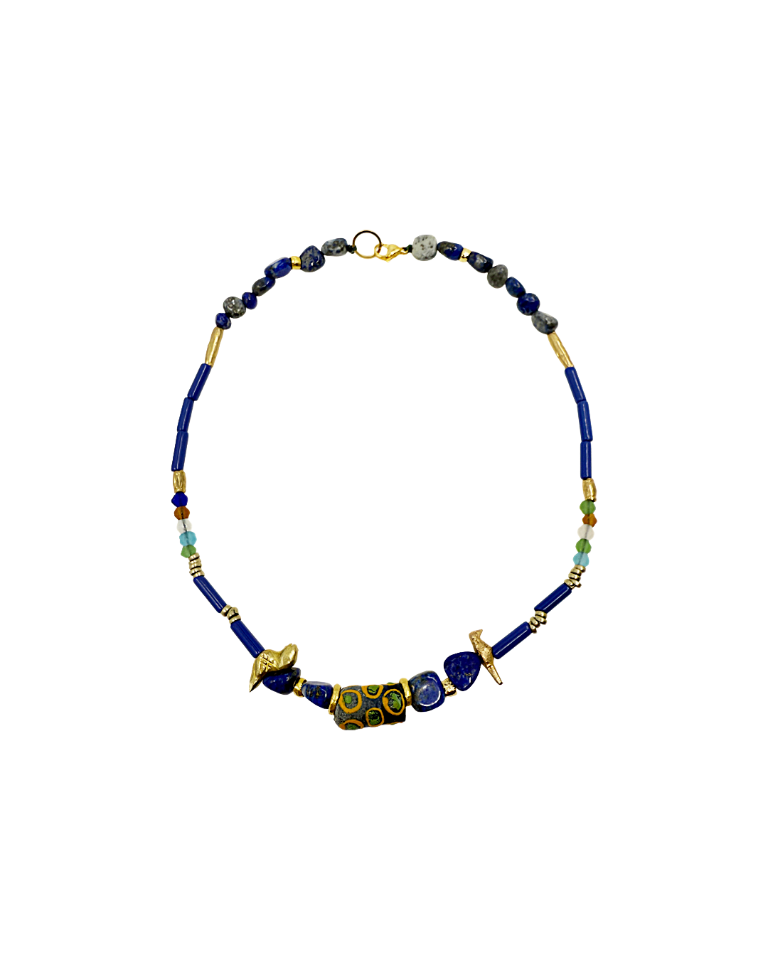 ARTIZ | 'Spring Collection Necklace – Short (10)’ | Lapis lazuli / hand cut glass beads / gold plated bronze / bronze