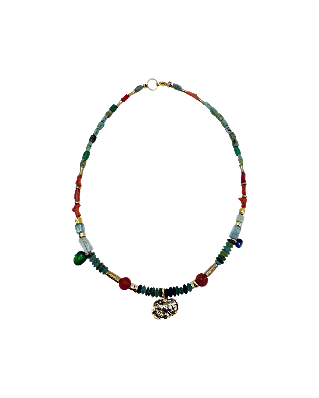 ARTIZ | 'Spring Collection Necklace – Short (11)’ | Red and pink coral / Antique Roman glass / turquoise / bronze / enamel