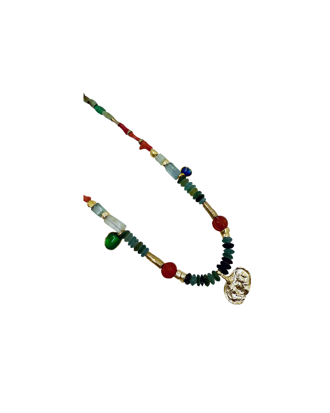 ARTIZ | 'Spring Collection Necklace – Short (11)’ | Red and pink coral / Antique Roman glass / turquoise / bronze / enamel
