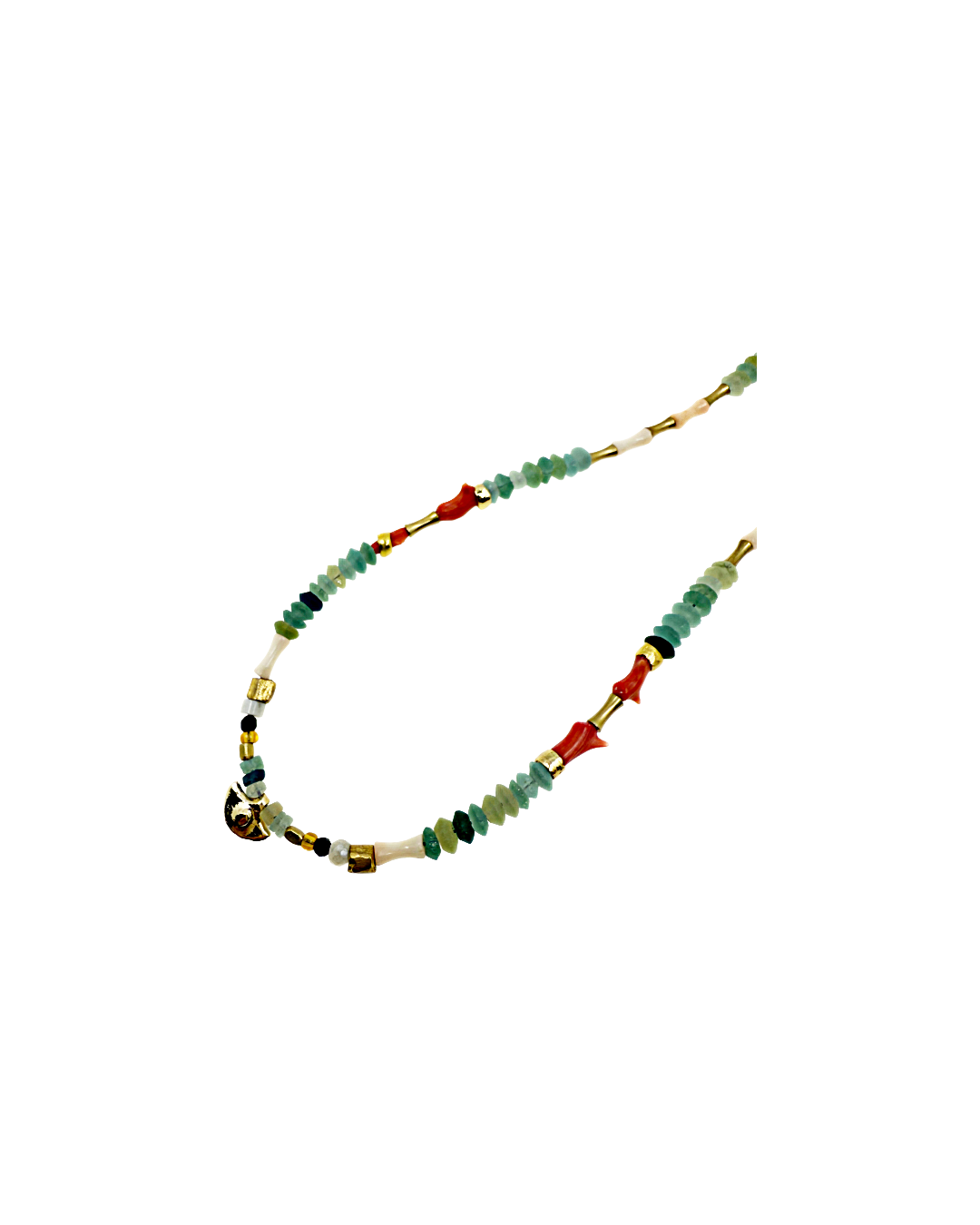 ARTIZ | 'Spring Collection Necklace – Short (13)’ | Red coral / Antique Roman glass / bronze / turquoise / enamel