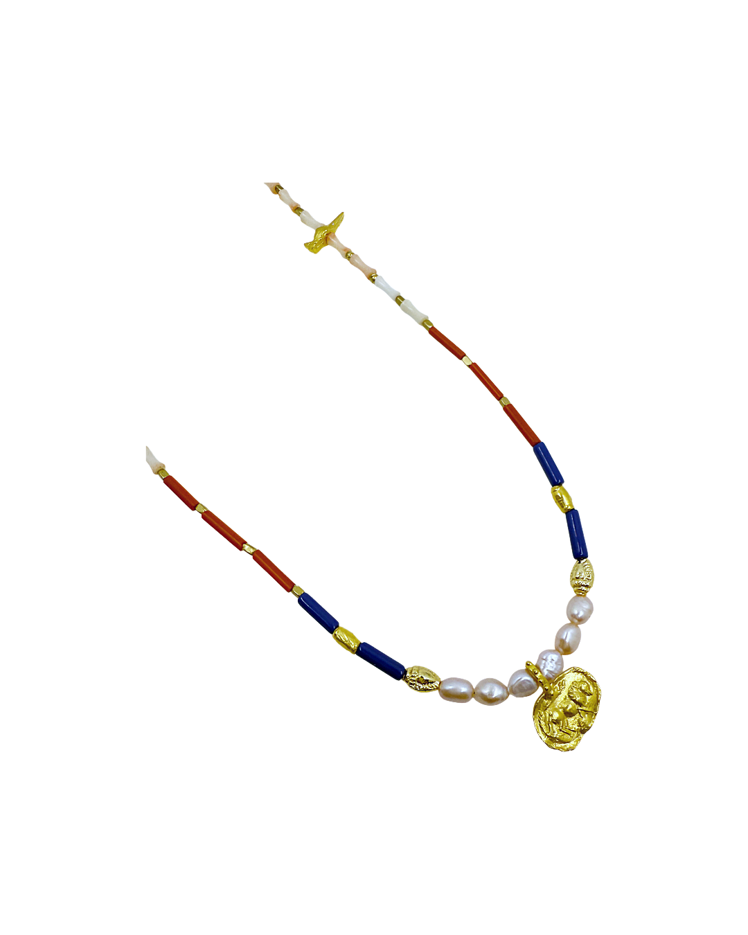 ARTIZ | 'Spring Collection Necklace – Short (3') | Freshwater pearls / quartz / glass beads / gold plated bronze Roman charm / pink cora