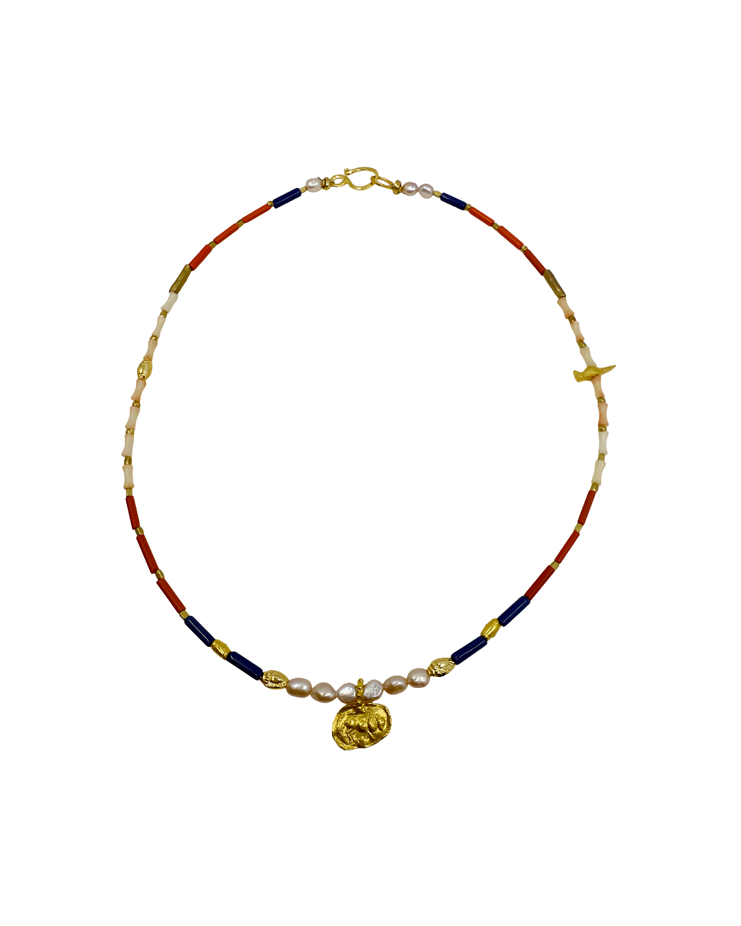 ARTIZ | 'Spring Collection Necklace – Short (3') | Freshwater pearls / quartz / glass beads / gold plated bronze Roman charm / pink cora