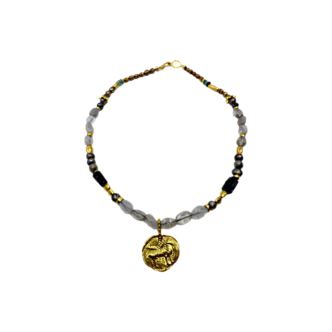 ARTIZ | 'Autumn Collection (2)' Necklace | Black pearl/quartz/antique glass/gold plated bronze pieces