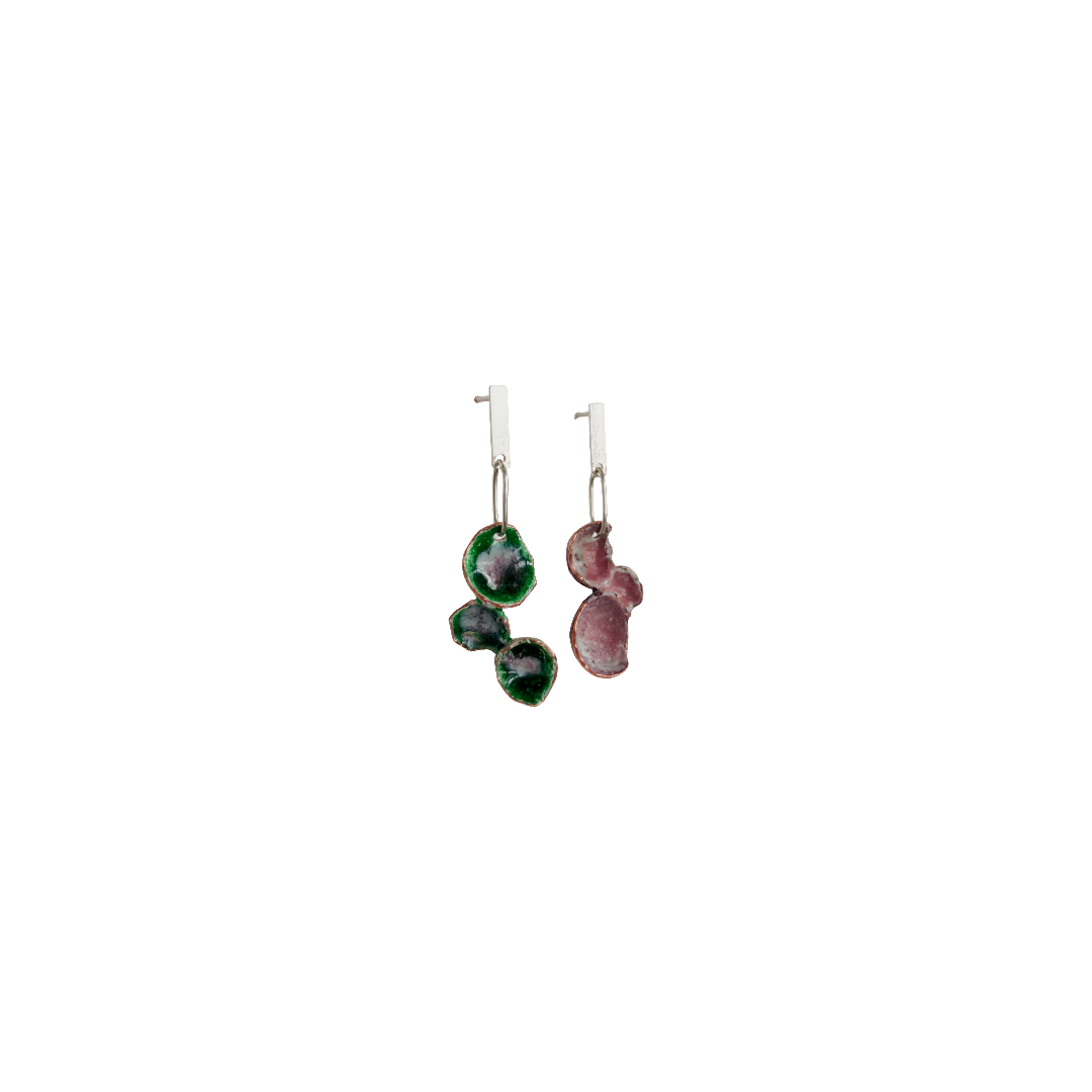 LOIS HAYES DESIGNS | ‘Spring Collection – Earrings #2' | Silver / copper / pink + green enamel