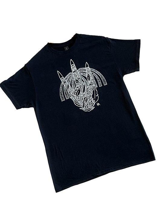 GIRRINGUN ART CENTRE | 'Cassowary Foot by Leonard Andy' T-shirt  |  Black fabric / white design | Screenprint on cotton