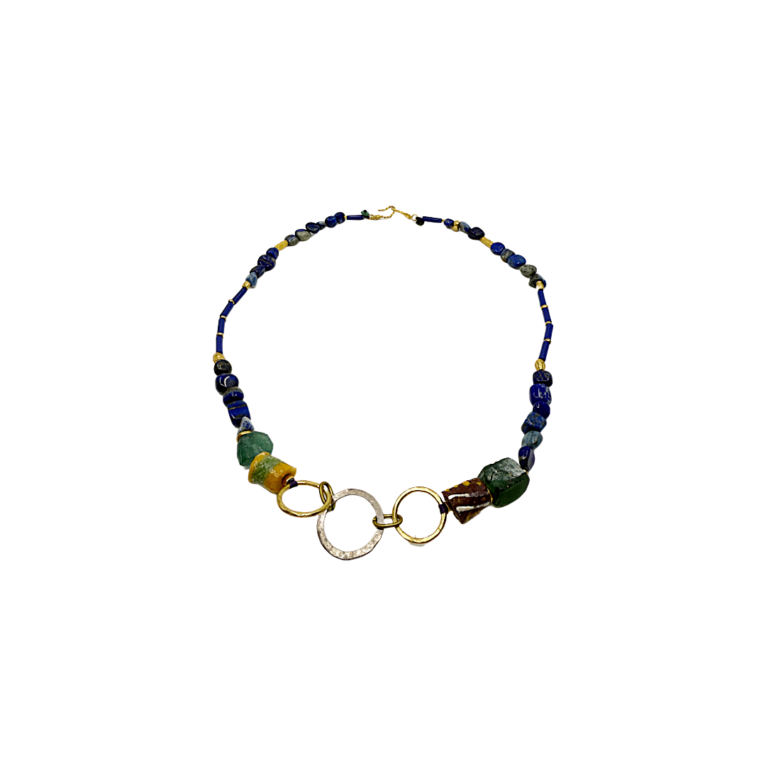 ARTIZ | 'Autumn Collection (17)' Necklace (long)|Lazuli/African hand painted glass/silver and bronze rings/ glass