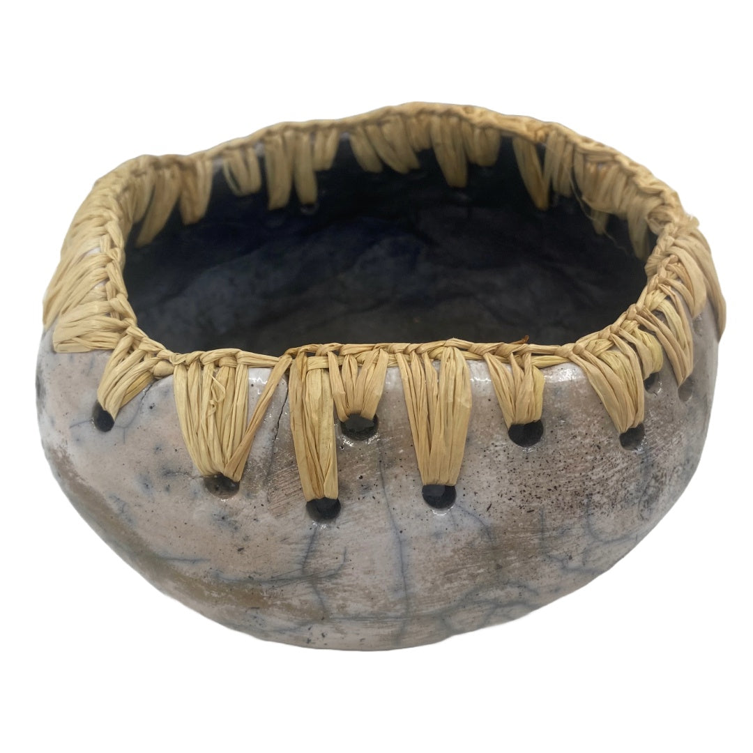 CHOLENA HUGHES | ‘Clay Weaving #6 | Raku fired pot with Madagascan raffia