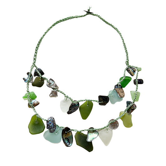 WILD THINGS | ‘Sea-glass necklace’ | Green + blue  + clear | Beach glass / recycled glass / cord / shell