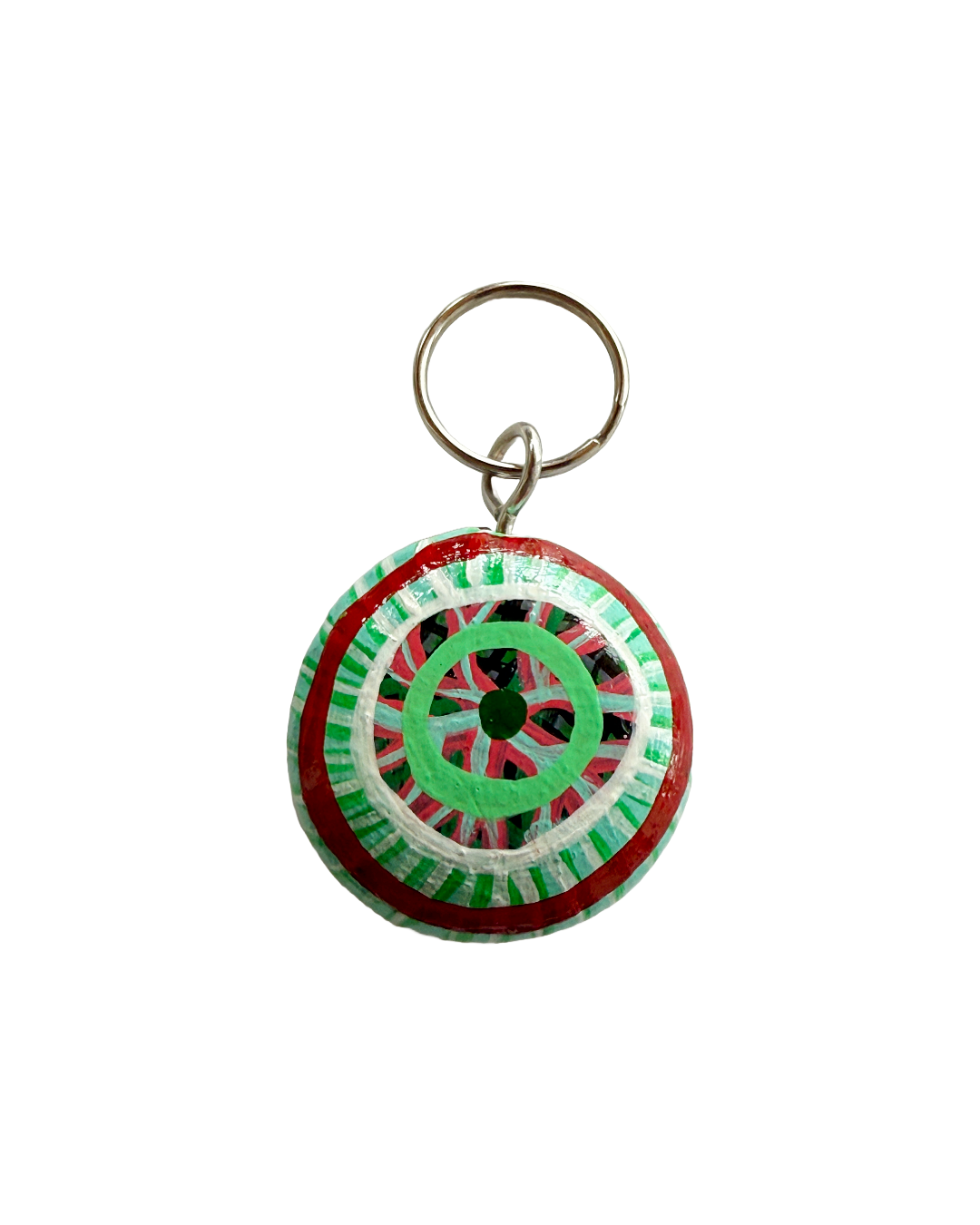 SHERYL J BURCHILL | ‘Rainforest or Sea’ | Burnie bean keyring / hand painted | Green / red / white / black / blue