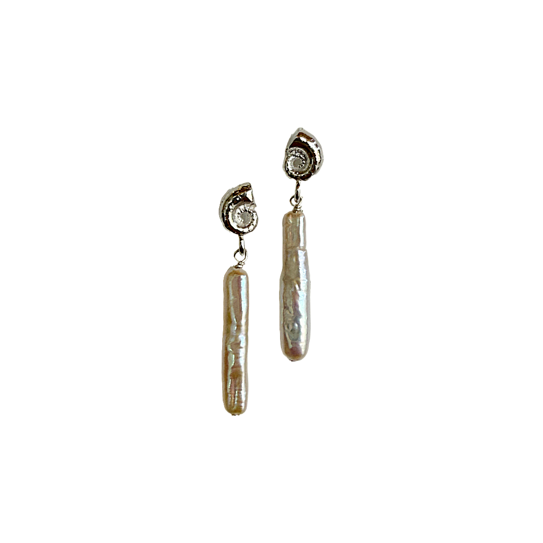 LAURA SCOTT HANDMADE JEWELLERY | 'Spirula Sandcast Shell with Biwa Stick Pearl Earrings' | 925 Sterling Silver