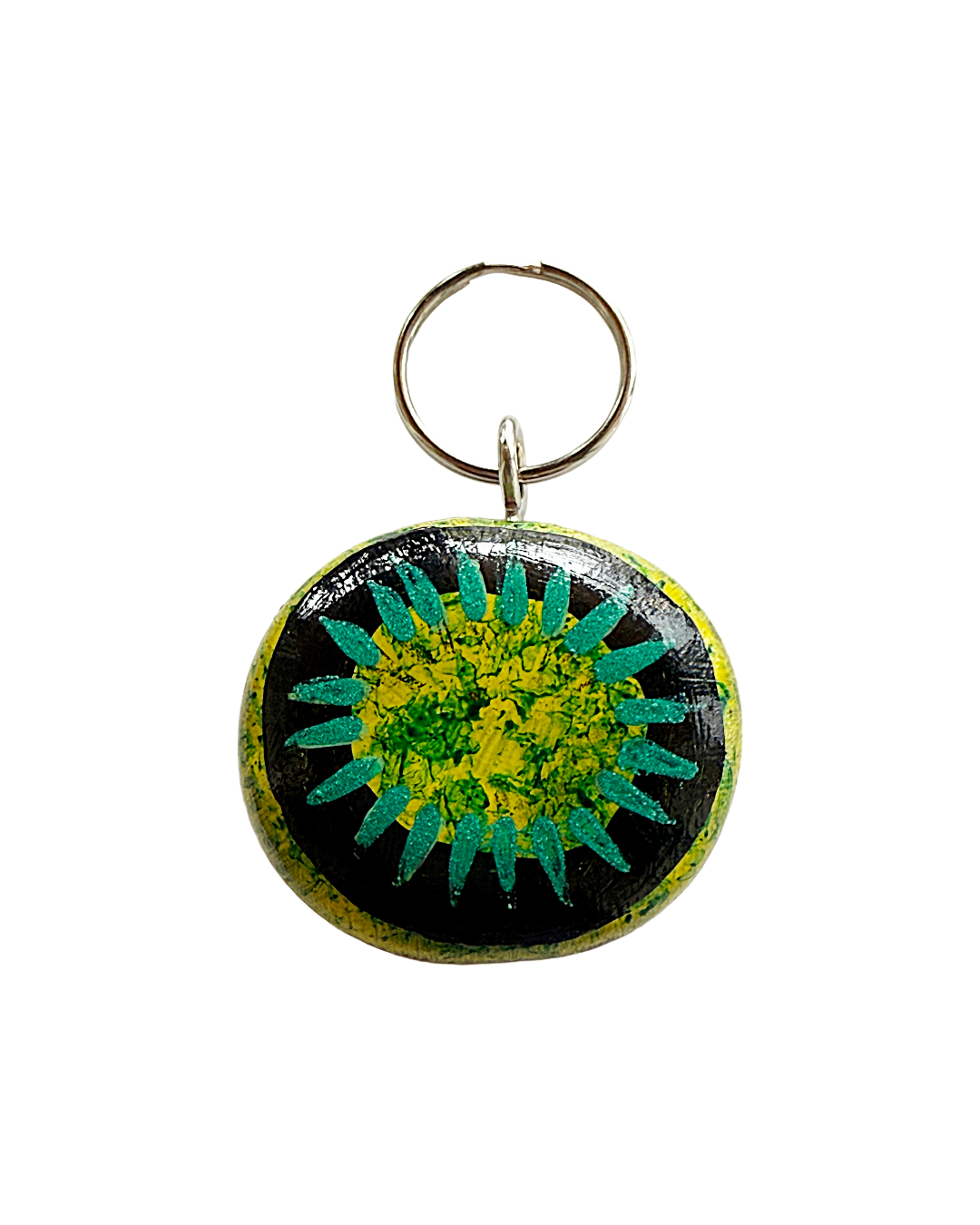 SHERYL J BURCHILL | ‘Rainforest or Sea’ | Burnie bean keyring / hand painted | Green / yellow / black / teal