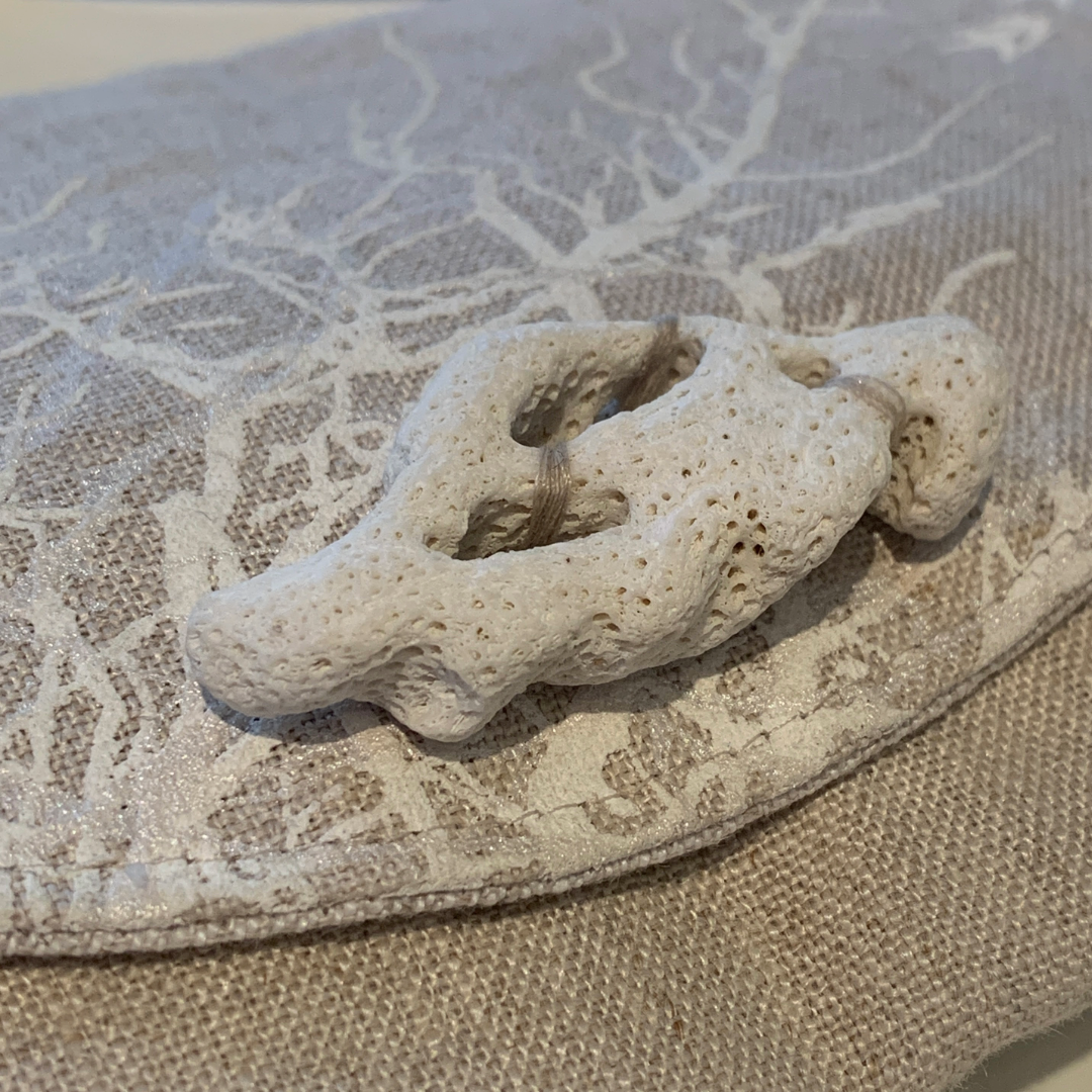 JUST BEE DESIGNS | ‘White Coral on Flax’ Art Clutch / Shoulder Bag | Removable Strap | Pure linen / handprinted