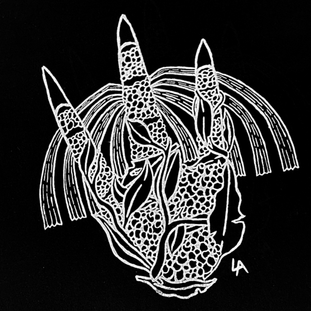 GIRRINGUN ART CENTRE | 'Cassowary Foot by Leonard Andy' T-shirt | Black fabric / white design | Screenprint on cotton
