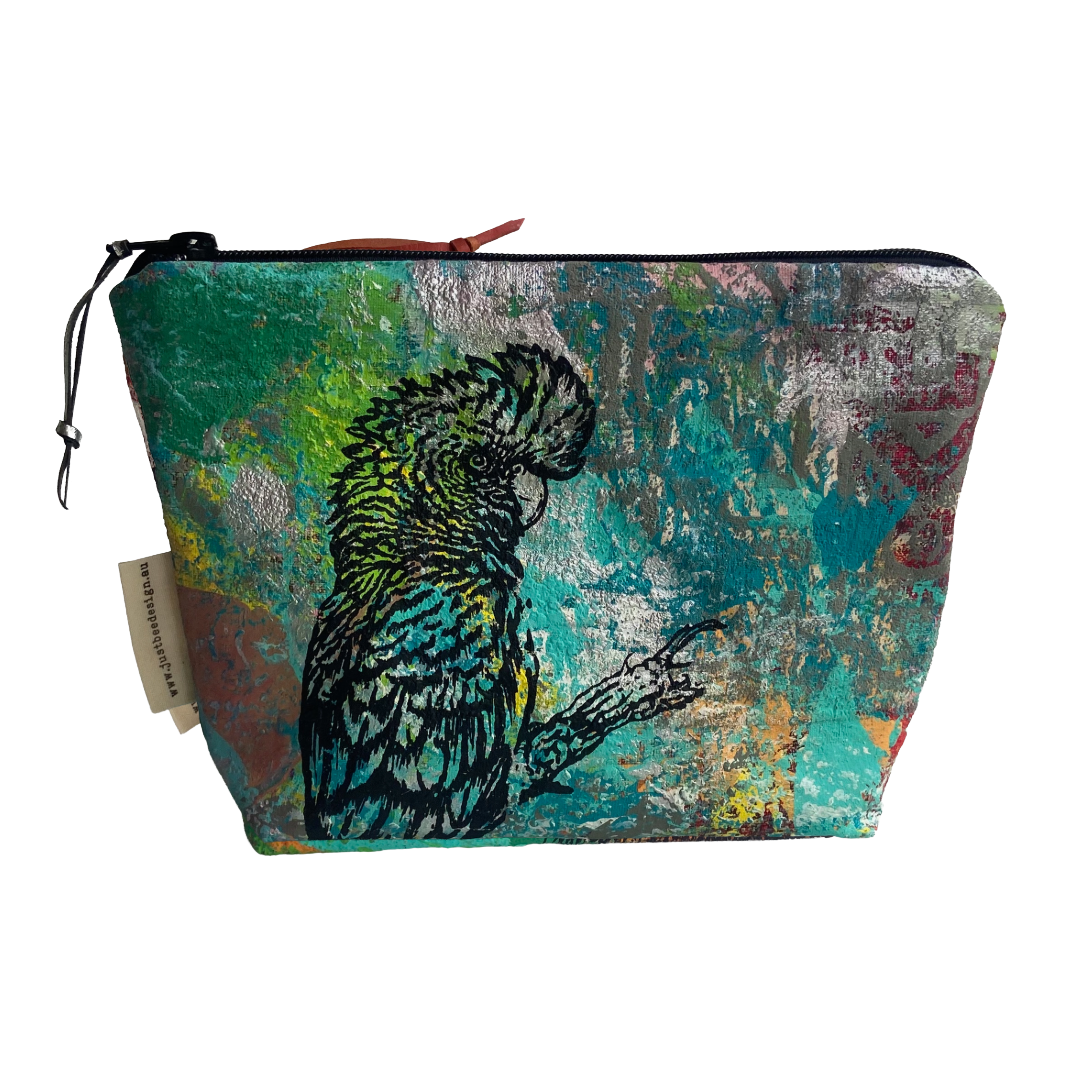 JUST BEE DESIGNS | ‘Black Cockatoo’ Zip Pouch’ | Pure linen / handprinted + painted