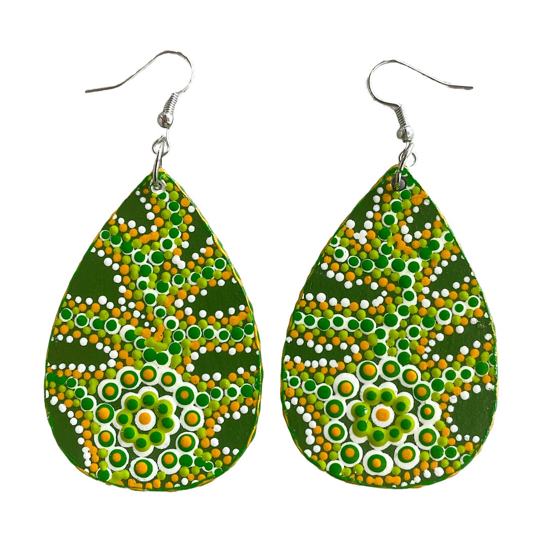 IRENE BOWYER | ‘Teardrop (Green)’ Earrings | Hand-painted wood/tear drop shape