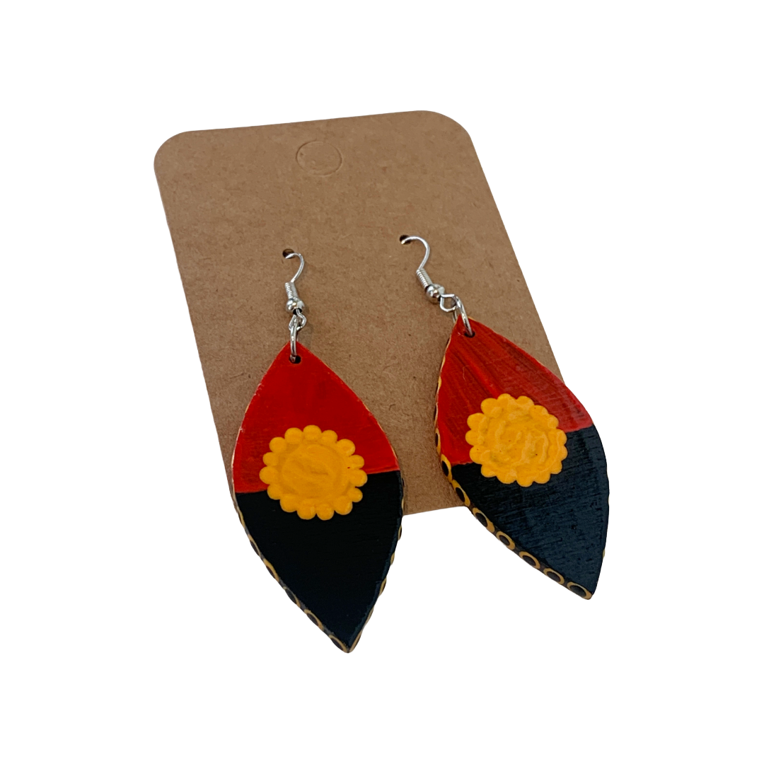 IRENE BOWYER | ‘Flag Shield (red/yellow/black) Earrings' | Hand-painted wood / Shield shape