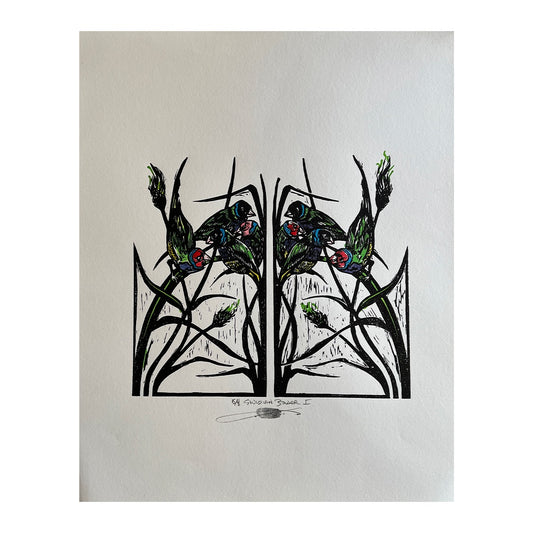 JANE DENNIS | ‘Gouldian Bower 1’ | Hand-coloured linocut print