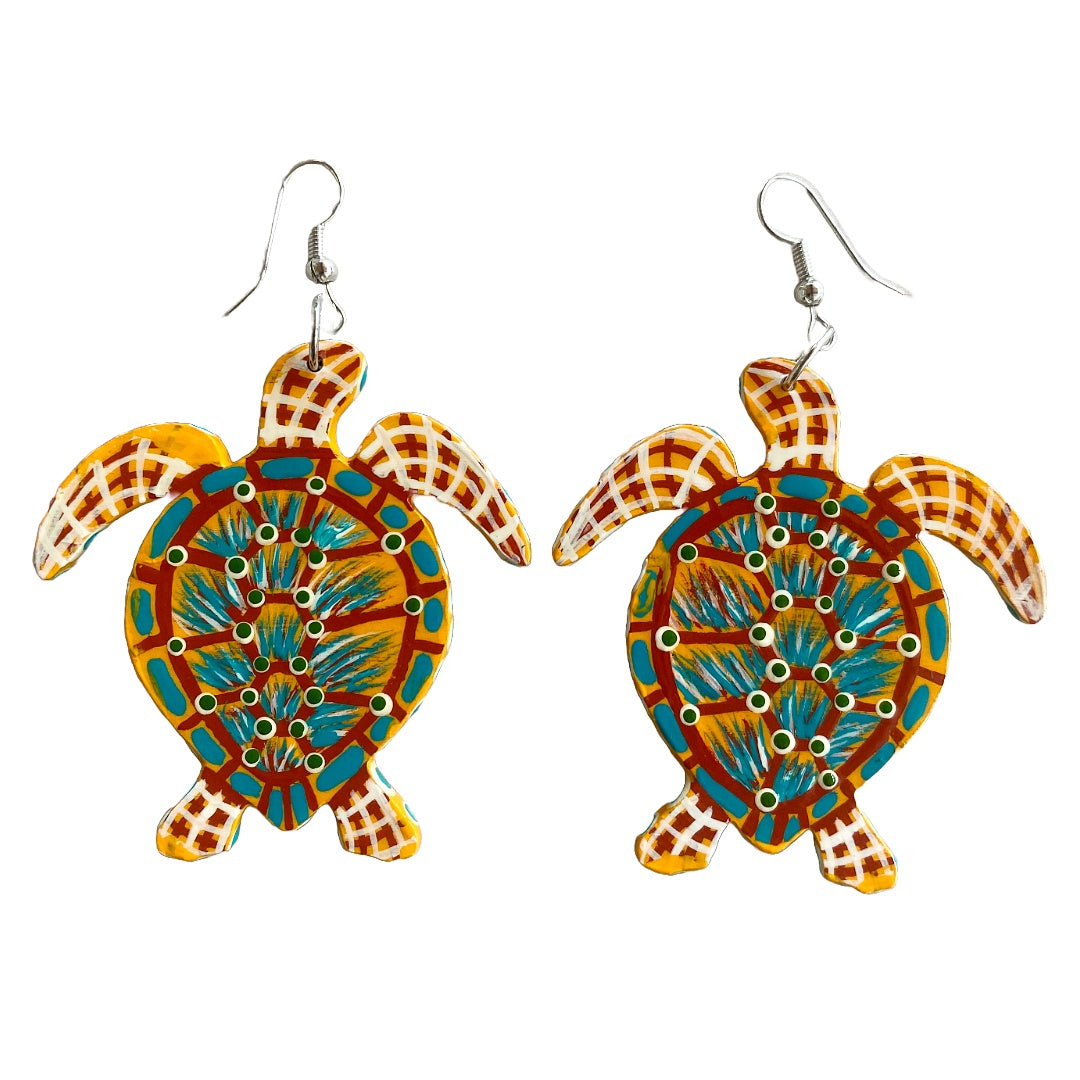 IRENE BOWYER | ‘Turtle (blue/yellow)’ Earrings | Hand-painted wood / Turtle shaped
