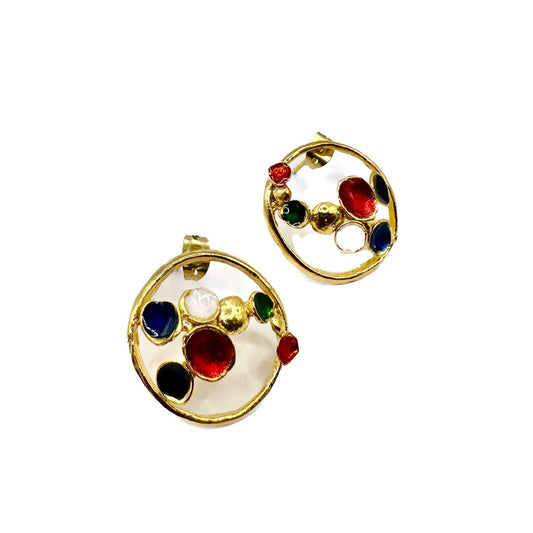 ARTIZ | 'Evil Eye Button Earrings' | Large | Bronze / red + green enamel cups