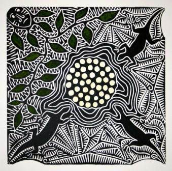 BILLY MISSI | 'Padha Ka Marngi (arriving for the nest)' | Linocut print / hand-coloured
