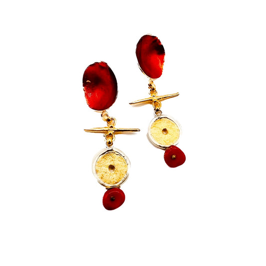 ARTIZ | 'Coral Cup Earrings' | Bronze / red enamel / silver frame