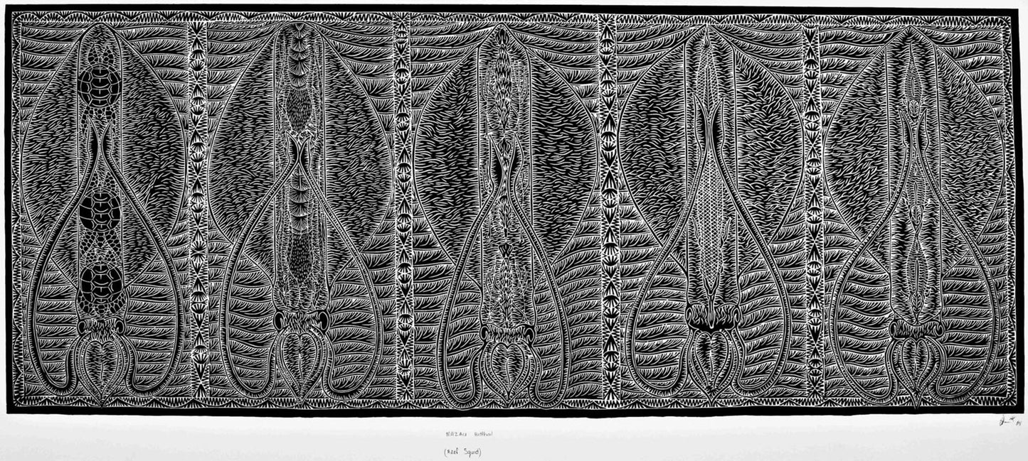 JOEL SAM | 'Mazau Bidthail (Reef Squid)' | Linocut