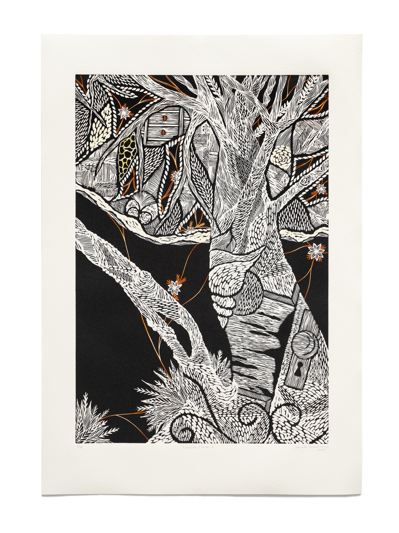 TAMIKA GRANT-IRAMU | 'Rosalie Place I' | Vinyl-cut Relief Print with hand coloured watercolour