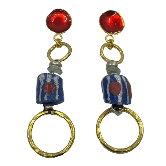 ARTIZ | 'African Glass Bead Earrings' | Red enamel cup / bronze ring