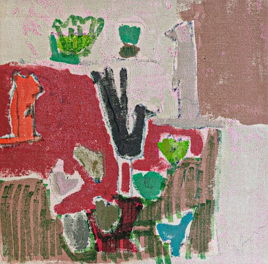 Julie Poulsen artist's painting in red and green shapes titled Curlew Nesting