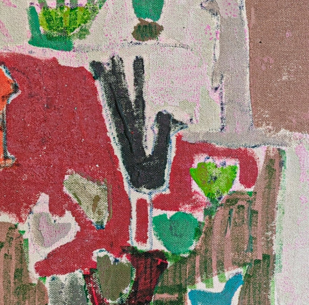 Julie Poulsen artist's painting in red and green shapes titled Curlew Nesting