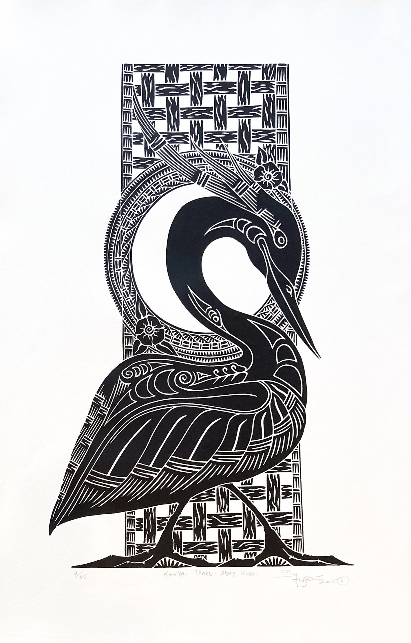 LAURIE NONA | 'Karrbai Thabu Adhy - Kissay (Snake and White Stork Totem - moon phase)' | Linocut