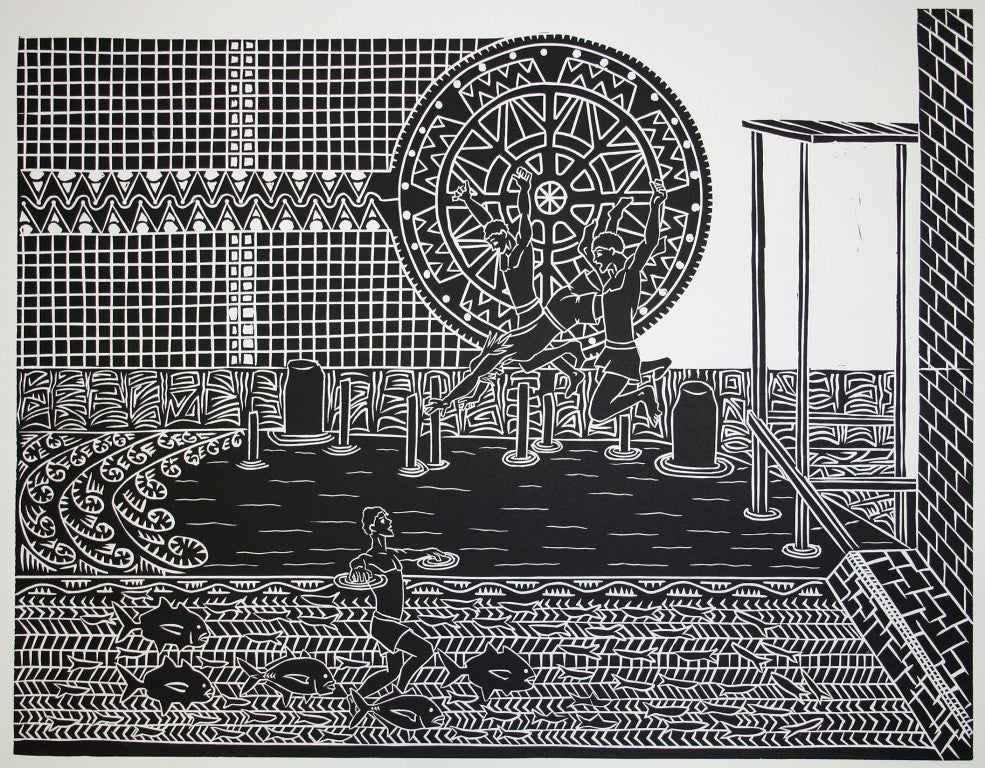 TOMMY PAU | 'Swimming at Tamwoy Wharf' | Linocut