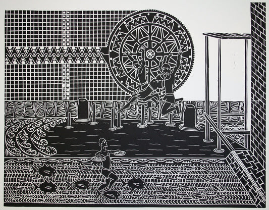 TOMMY PAU | 'Swimming at Tamwoy Wharf' | Linocut