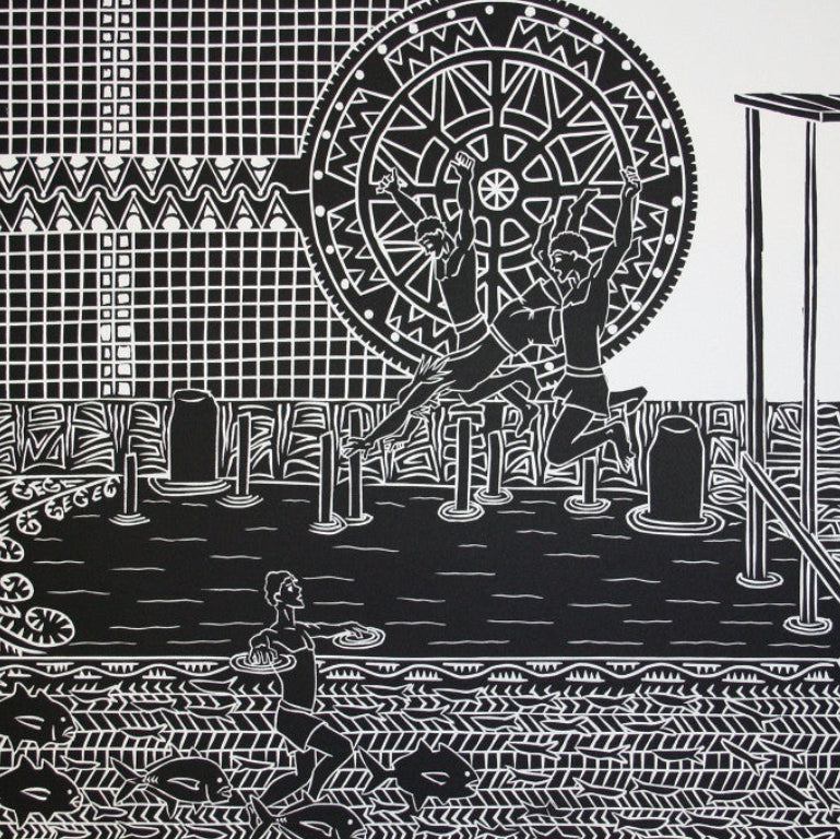 TOMMY PAU | 'Swimming at Tamwoy Wharf' | Linocut