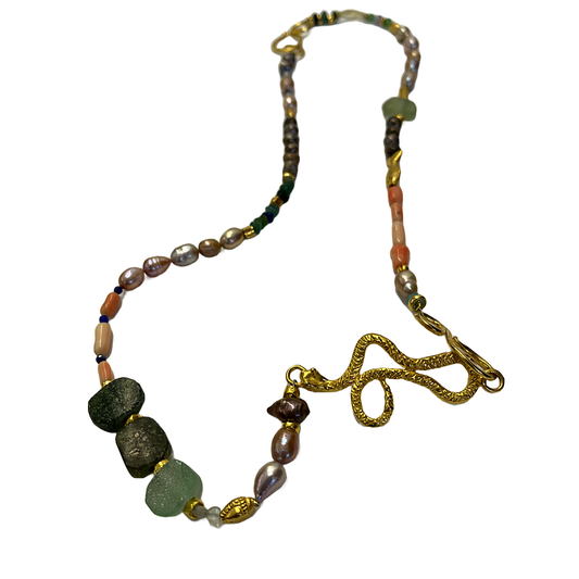 ARTIZ | 'Long Snake Necklace' | Pink coral / pearls / ancient Roman glass / lapis lazuli