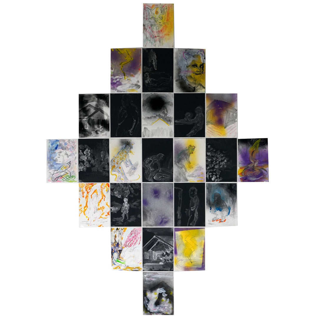 MARK MISIC | 'Lightning field - Temple of the Jaguar & the Rabbit Hunter' | 2025 | Mixed media on paper | H 2100 x W 1470 mm