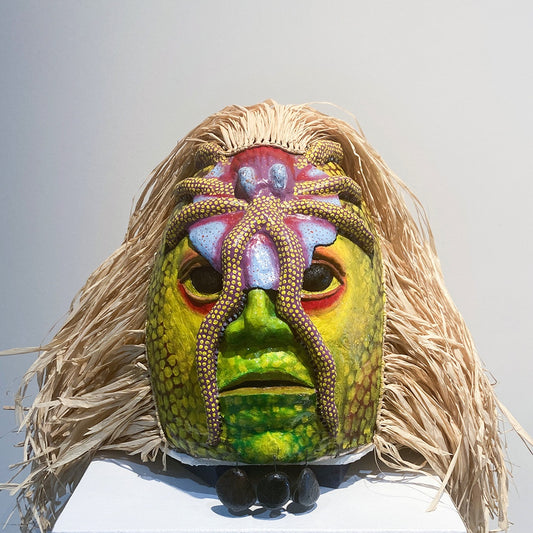 ANDREW PASSI SNR | 'Dogira Or - Institution of Meriam civilisation (sacred octopus mask)' | Clay / wood / cane / match bean / raffia