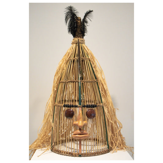 ANDREW PASSI SNR | 'Weris Kopkop Loap (sardine scoop mask)'  | Cane / clay / match box bean /  feathers / raffia