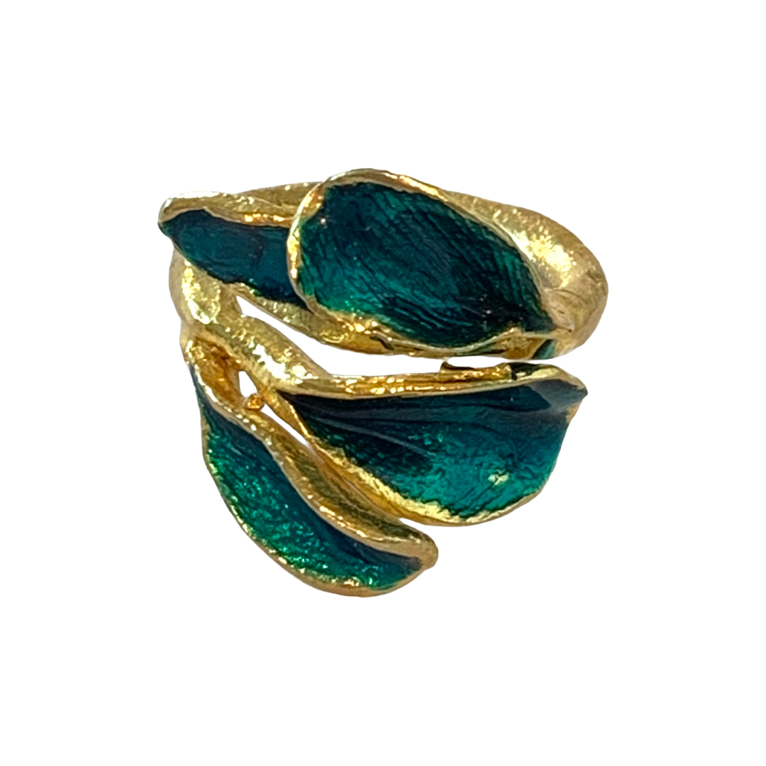 ARTIZ | 'Teal Enamel Leaf Ring ' | Gold plated bronze