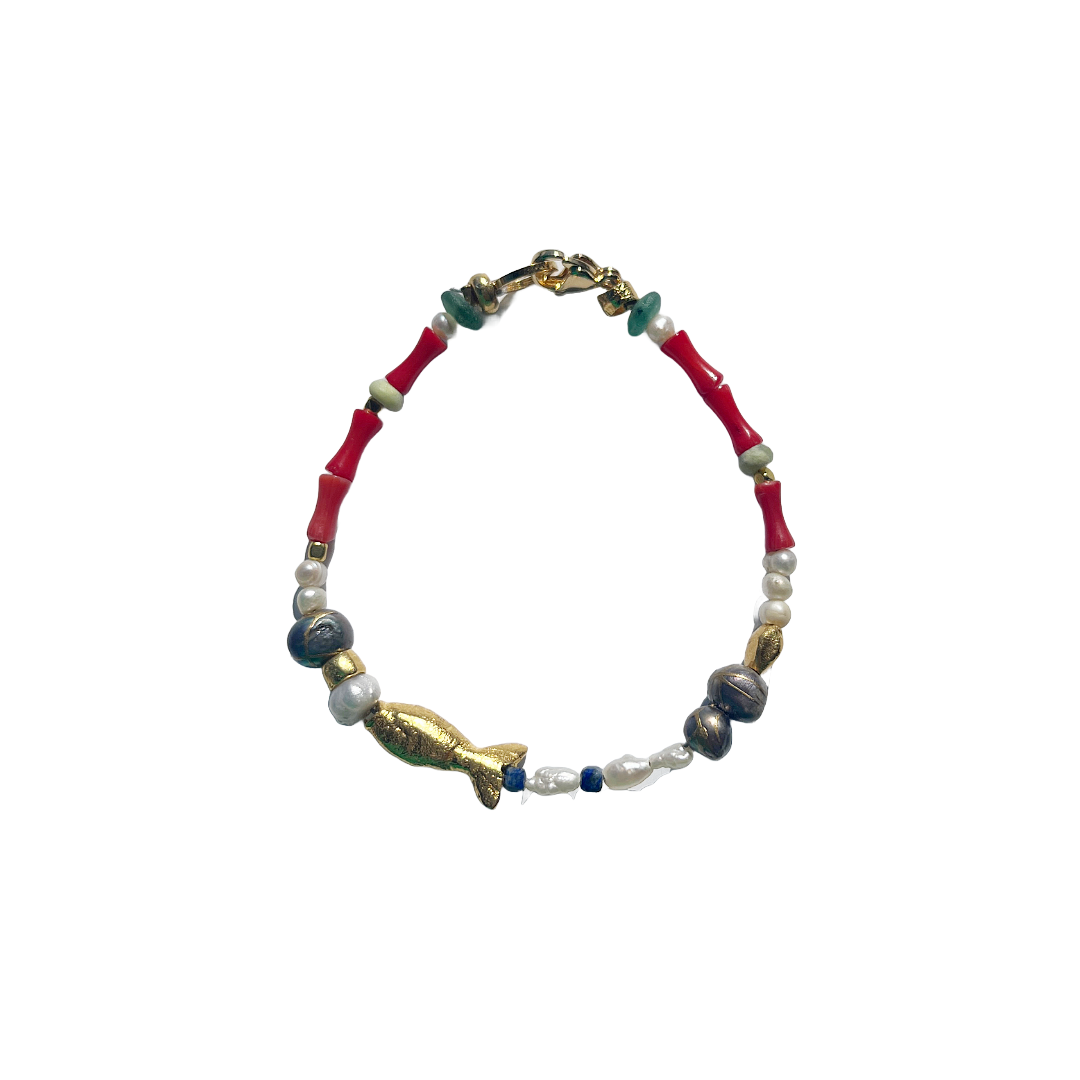 ARTIZ | ‘Coral and Pearl Bracelet’ | Ancient roman glass/ bronze gold-plated fish / freshwater pearl / coral