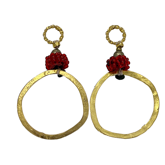 ARTIZ |' Red Beaded Hoops Earrings' | Bronze and hand made red glass beads