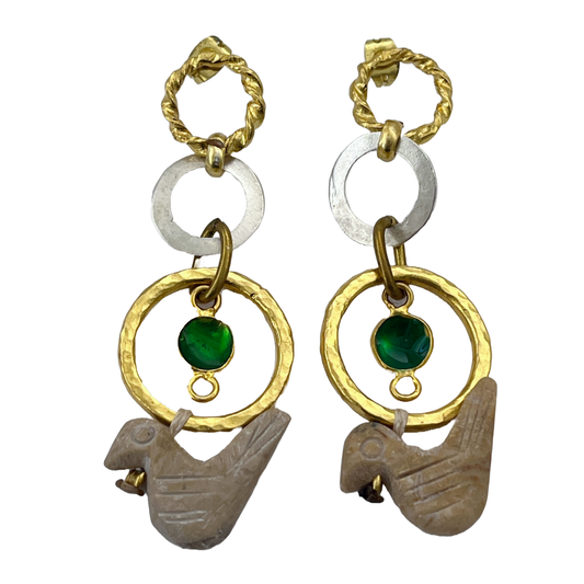 ARTIZ |'Birds in Stone Earings' |Silver / stone / bronze / enamel