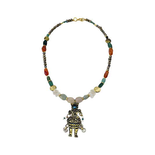 ARTIZ |'Bronze Man with Pearls Necklace' | Ancient Roman glass and bronze pieces / flourite/ quartz/ jade/ agate/ fresh water pearls