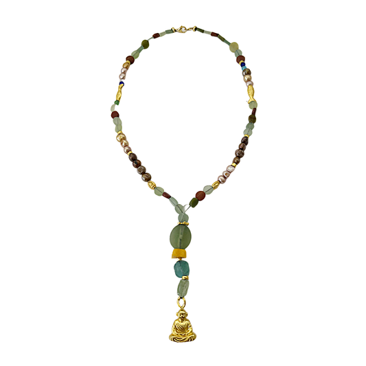 ARTIZ | 'Little Buddha Necklace' | Green jade / fresh water pearls / gold plated bronze