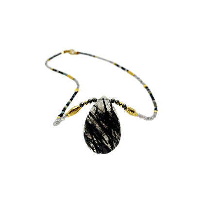 ARTIZ | 'Spring Collection (10)' Necklace | Mixed stones / labradorite / black rutiladed quartz / gold plated bronze
