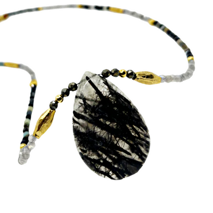 ARTIZ | 'Spring Collection (10)' Necklace | Mixed stones / labradorite / black rutiladed quartz / gold plated bronze