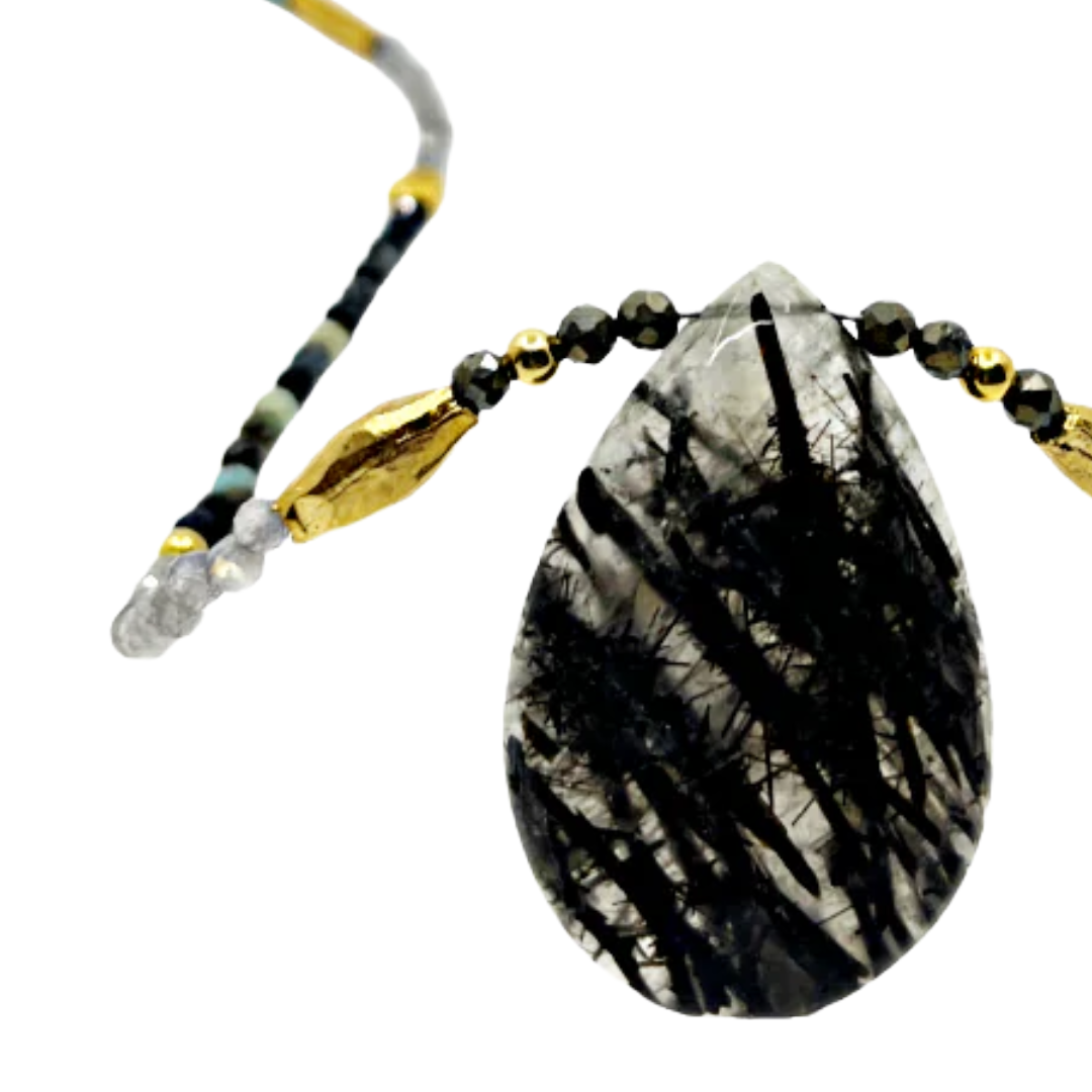 ARTIZ | 'Spring Collection (10)' Necklace | Mixed stones / labradorite / black rutiladed quartz / gold plated bronze